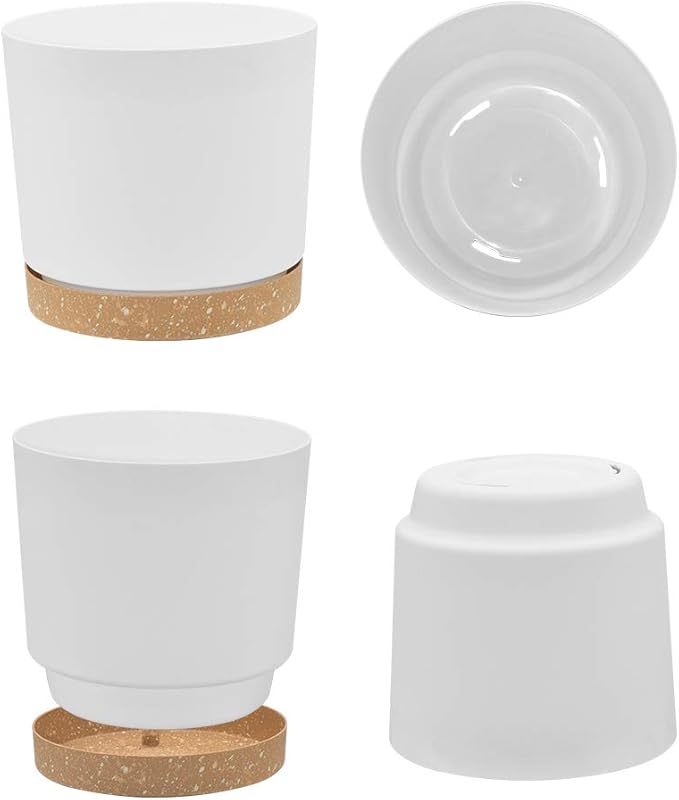 ZMTECH Spring Planters for Indoor Plants, Plant Pots & Flower Pots, Plastic Planter 3 Pack 8 Inch Self Watering with Drainage Hole and Saucer, Modern Decorative Indoor Outdoor, White