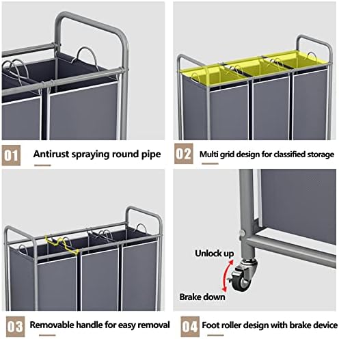 LINZINAR 3 Section Laundry Hamper, Grey Laundry Basket, 135L Laundry Sorter | Laundry Room Organization with Heavy Duty Rolling Lockable Wheels and Removable Bag, Bedroom Laundry Cart for Clothes Storage