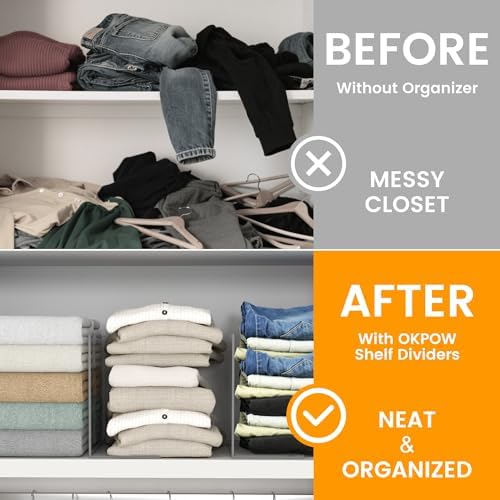 OKPOW Acrylic Shelf Dividers for Closet Organization: 8 Pack Durable Clear Shelves Separators for Clothing Adjustable 12" Tall x 10" Deep