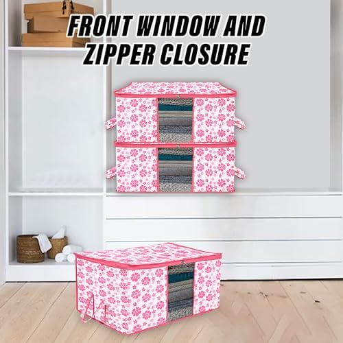 Kuber Industries Underbed Storage Bag | Clothes Storage Organizer | Blanket Cover with Clear Window | Zipper Closure & Handle Cloth Organizer | Flower-Design | Large | Pack of 4 | Pink