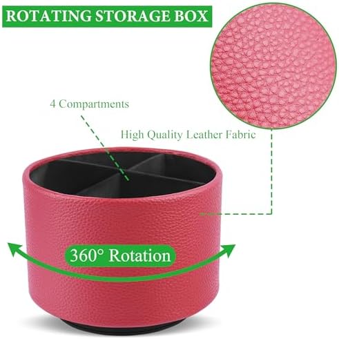 Round Leather Art Supply Organizer,Remote Control Holder,360 Degree Spinning,Multi-Functional Pencil Holder,4 Compartments Desktop Stationary Organizer(1-Lichee Red)