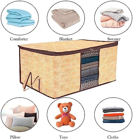 Kuber Industries Underbed Storage Bag | Clothes Storage Organizer | Blanket Cover with Clear Window | Zipper Closure & Handle Cloth Organizer | Flower-Design | Large | Pack of 2 | Brown