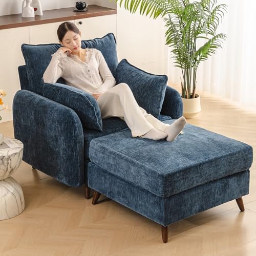 Rexulqo Oversized Accent Chair with Ottoman,All Seats Storage,Comfy Big Armchair,24.5'' Deep Seat,Upholstered Living Room Chairs,Reading Chair,Lounge Chair for Bedroom,Office,Chenille,Blue