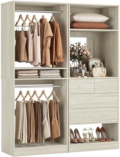 Unikito 50” Closet System with 4 Drawers, 4.2FT Wood Closet Organizer with Hanging Rod and Mirror, Reversible Small Walk in Closets Wardrobe, Adjustable Sturdy Clothes Garment Rack, White Oak