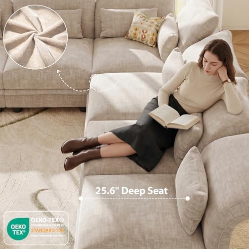 LLappuil 102" Modular Sectional Sofa with Storage Seat, Cozy Chenille Sleeper Sectional Couches for Living Room with Adjustable Armrest Backrest, Khaki