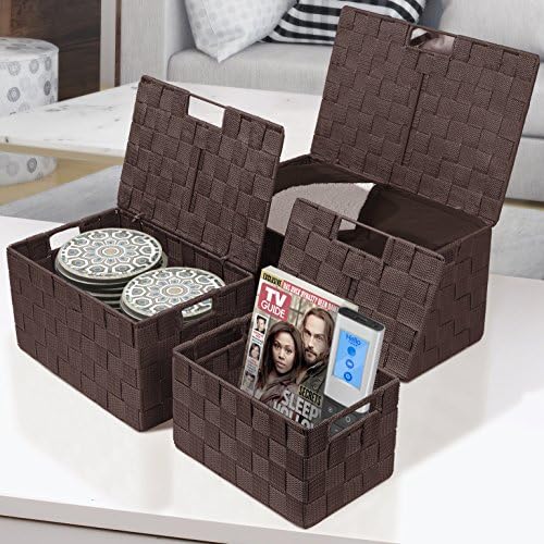 Sorbus Storage Basket with Lid, 3-Piece Woven Set for Shelves (Chocolate)