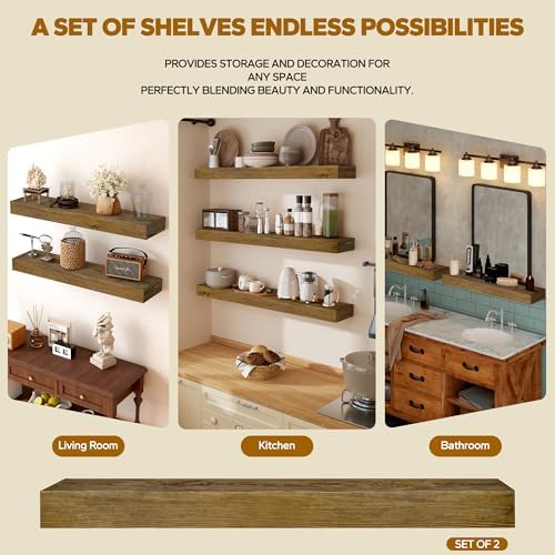 Floating Shelves 3 inch Thick for Wall Set of 2,Solid Pine Wood Wall Mount Shelf for Kitchen Living Room Bedroom Bathroom,8" D x 24" L x 3" H-Dark Walnut