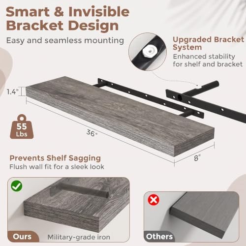 36 Inch Floating Shelves for Wall 2 Pack, 8"D Wood Grain Bathroom Shelves | Invisible Brackets, Grey Oak Finish, Easy Install | Engineered Wood Storage Shelves for Kitchen, Study, Bedroom