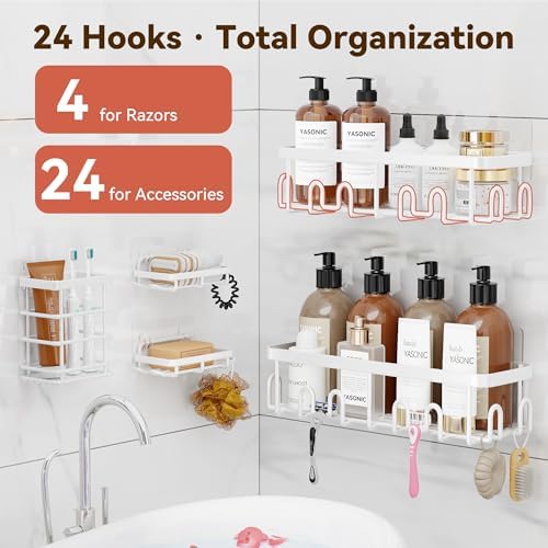 YASONIC Shower Caddy Adhesive, Rustproof Shower Organizer, Wall Shower Rack | Large Capacity Shower Shelves for Inside Shower, Shampoo Shower Holder, White, 2 Caddies, 2 Soap Dishes, 1 Toothbrush Holder