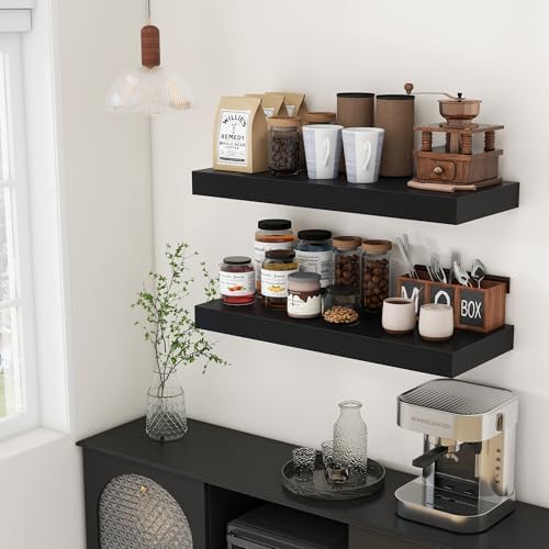 FLYJOE 30 Inch Floating Shelves, 12'' Deep Black Shelves for Wall Set of 2