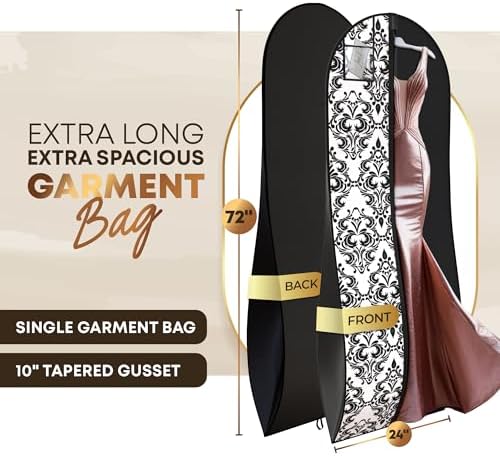 Your Bags Women’s Dress and Gown Garment Bag -72”x24” and 10” Tapered Gusset Prom Bags (Black and White Demask)