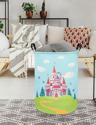 Foldable Waterproof Round Fabric Laundry Basket Home, Forest Castle | Large Capacity, For Apparel Textiles, Plush Goods Storage, Whole House Tidying