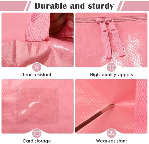 6 Pack Moving Bags with Full-Open Side Zipper, Extra Large 93L Heavy Duty Waterproof Foldable Storage Totes for College Dorm, Moving & Home Organization Pink