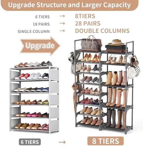 ROJASOP Shoe Rack, Shoe Storage Organizer for Closet Entryway Garage Bedroom, 8 Tier Tall Metal Shoe Shelf for 26-32 Pairs Boots & Shoes, Adjustable Shoe Stand for Small Space