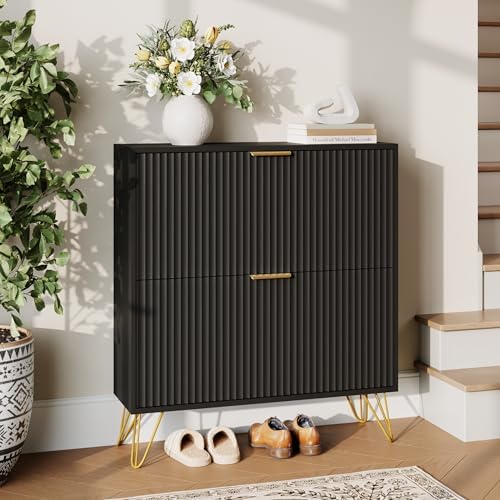 34.4" H Fluted Shoe Storage Cabinet with 2 Flip Drawers for Entryway, Black- Hidden Shoe Cabinet Storage, Narrow Free Standing Shoe Organizer, Shoe Rack Cabinet for Foyer Hallway