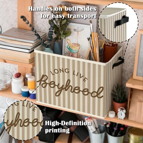 Long Live Boyhood Boys Storage Bins Box with Handles, Beige Stripe Collapsible Basket Organizer for Kids Teen Boy Nursery Room Bedroom Bathroom Playroom Books Clothes