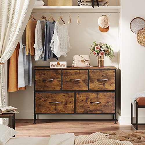 WLIVE 5 Drawer Dresser for Bedroom, Wide Chest of Drawers, Rustic Brown