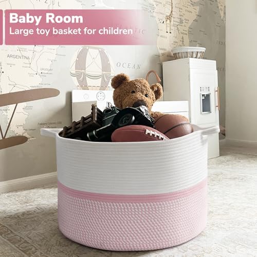 CHICVITA XXL Cotton Rope Woven Blanket Basket with Handles, Pink
