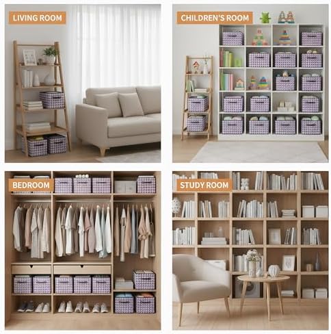 6 Pack Large Collapsible Storage Baskets for Shelves,14.9"x9.5" Fabric Closet storage Boxes with Leather Handles,Decorative Organizers Storage Bins for Clothes,Sheets,Books,(Purple Houndstooth