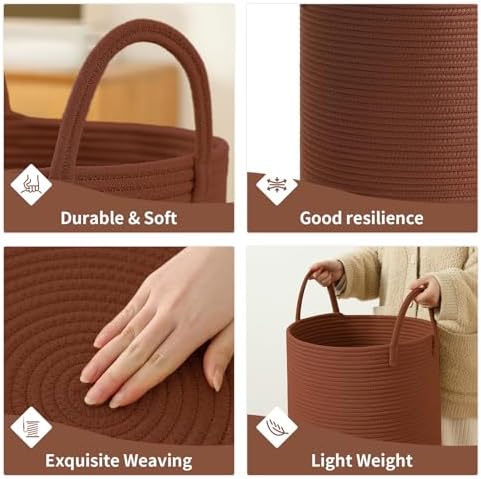 Laundry Basket Hamper Tall Rope Storage Woven for Blanket toys Dirty Clothes in Living Room Bathroom Bedroom (Dark Brown, 80L/21.3Gal)