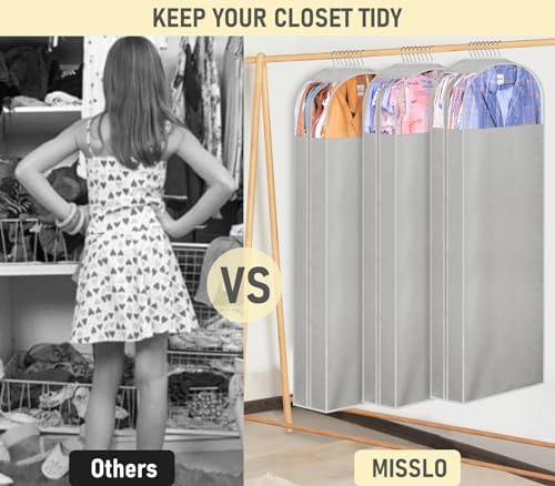 MISSLO 10" Gusseted Garment Bags for Hanging Clothes Storage 60" Dress Bags for Gowns Long Breathable Dress Cover for Closet Storage Coat Protector, 3 Packs, Grey