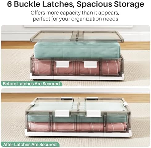Kitstorack 2 Pack Plastic Under Bed Storage Bins with Lids and 8 Pre-installed Wheels,Rolling Low Rrofile Under bed Containers Box for Clothes Shoes, 37.8 Qt, Long, Clear, Flat, Large