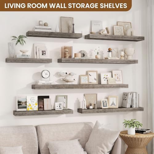 Floating Shelves for Wall, Wall Mounted Wood Shelves, Grey, Set of 2, 32in | Wood Floating Shelf with Invisible Brackets for Living Room, Bathroom, Bedroom, Kitchen, Hanging Shelf for Storage and Decor