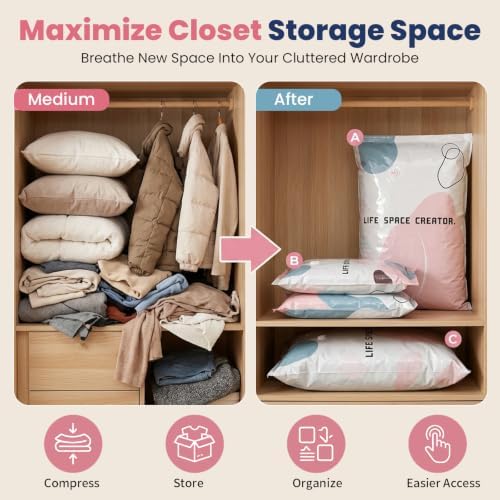 8PCS No Pump Vacuum Storage Bags, No Pump Large Vacuum Storage Compression Bags, Thick Airtight Reusable Organizer for Clothes Comforters Travel Moving Closet Storage (M)