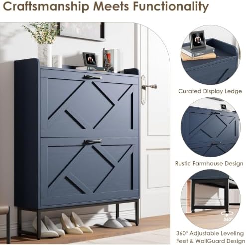 Nicetree Shoe Storage Cabinet, Shoe Cabinet with 2 Flip Drawers, Narrow Shoe Rack Cabinet, Farmhouse Slim Shoe Cabinet Storage for Entryway,Blue