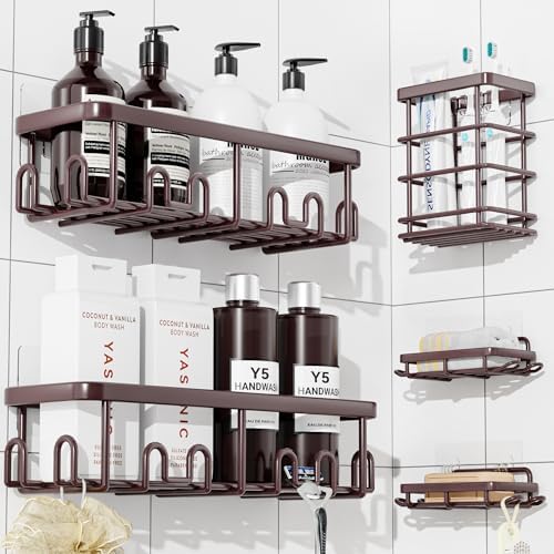 YASONIC Shower Caddy Adhesive, Rustproof Shower Organizer, Wall Shower Rack | Large Capacity Shower Shelves for Inside Shower, Shampoo Shower Holder, Bronze, 2 Caddies, 2 Soap Dishes, 1 Toothbrush Holder