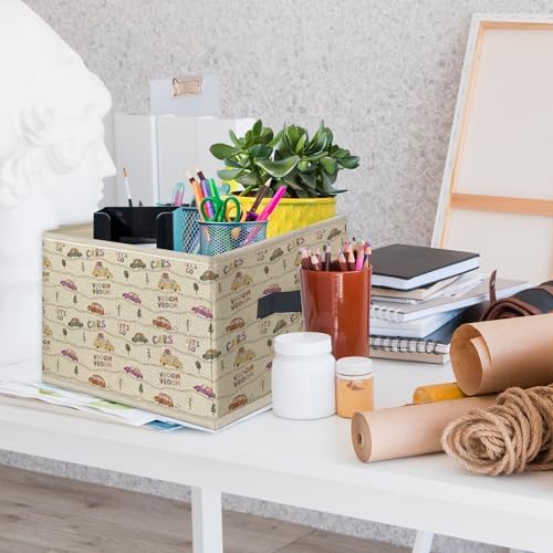 Vintage Car Nursery Foldable Storage Bins Box with Handles, Neutral Car Vehicle Collapsible Toys Books Clothes Organizer Basket for Kids Nursery Room Bedroom Bathroom Playroom