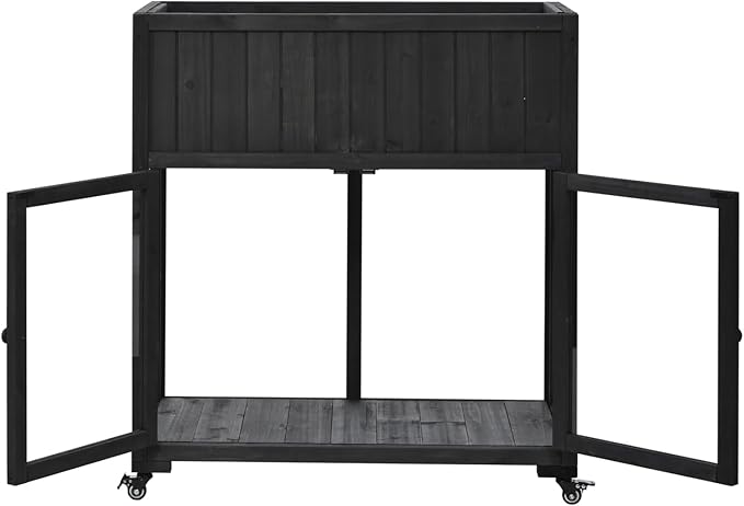 Geelife Patio Mini Wood Cold Frame with 2 Doors, Raised Bed & Wheels - Black