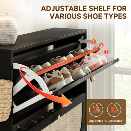 Nicetree Shoe Organizer for Entryway, Slim Shoe Rack with 2 Flip Drawers, Modern Boho Rattan Shoe Cabinet Storage for Entryway, Narrow Shoe Cabinet with Adjustable Shelves for Small Spaces, Black