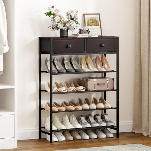 5 Tier Shoe Rack with Drawers, Metal & Wood Shelf Dark Brown