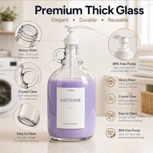 2 Pack Glass Laundry Detergent Dispensers, 128 oz One Gallon Bottles | Large Capacity Glass Bottles with Pumps, Labels, Funnels and Measuring Cups for Laundry Detergent and Fabric Softener.