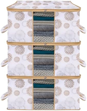 Kuber Industries Pack of 3 Non Woven Underbed Storage Organizer | Storage Bags For Clothes, Blanket | Clothes Storage Bag For with Handle & Visible Window | Gola Print - White
