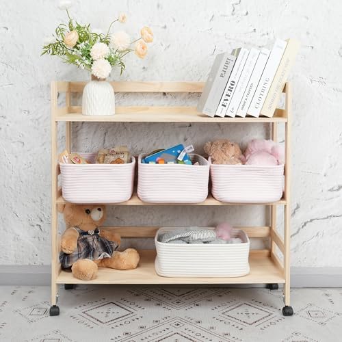 XUANGUO Small Woven Storage Baskets for Shelves, 13" x 9" x 5", Pink