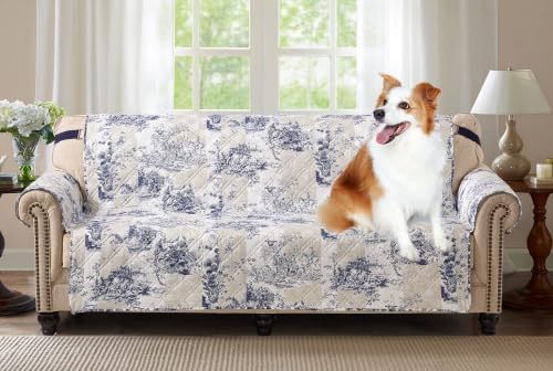Brilliant Sunshine Blue Toile Couch Cover, Quilted X-Large Sofa Slipcover, 78" Seat Width, Slip Resistant Furniture Protector, 2" Strap, Washable Couch Cover for Pets, Kids, Dogs, Cats, Blue Beige