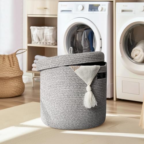 Storage Basket with Lid, Woven Blanket Storage for Living Room, Soft Cotton Rope Bin with Lid, Round Wicker Laundry Basket with Cover, Lidded Kid Dog Toy Box, Nursery Organizer, 15"x13", Gray