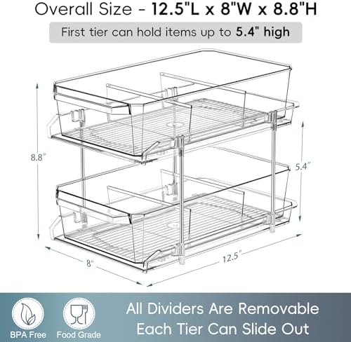 2 Set, 2 Tier Clear Organizer with Dividers for Cabinet, Shlef, Counter - MultiUse Slide-Out Storage Container - Kitchen, Pantry, Medicine Cupboard Bins, Bathroom, Vanity Makeup, Under Sink Organizing