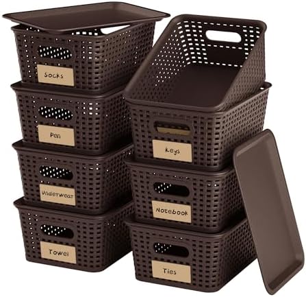 8 Pack Plastic Storage Baskets,Brown Stackable Bins with Lid
