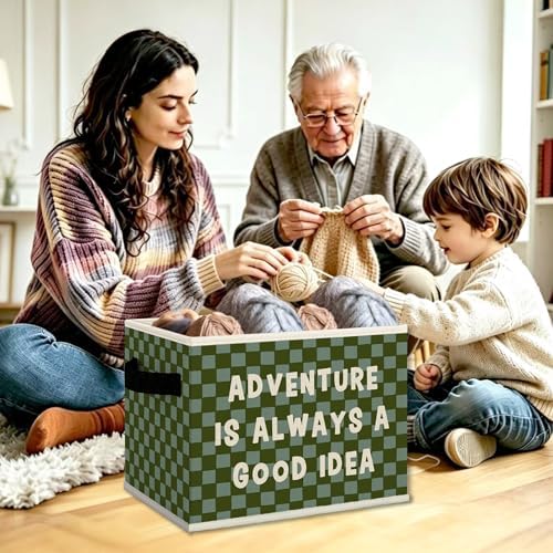 Adventure Classroom Nursery Cube Storage Bins with Handles, Green Checkered Kids Playroom Collapsible Fabric Storage Basket Boxes Toys Books Clothes Organizer for Kids Boys Bedroom Bathroom