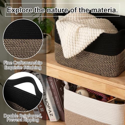OIAHOMY Woven Storage Basket for Shelves, Rectangle Cotton Rope Baskets for Organizing, 13 x 10 x 9 in, Storage Bins for Dog Toys,Towel,Books,Gift,Black and Brown