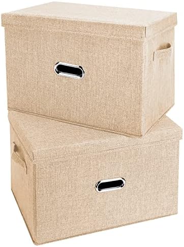 Large Linen Fabric Foldable Storage Bins with Removable Lid and Handles, Washable Storage Box Organizer Containers Baskets Cube with Cover for Bedroom,Closet,Office (Khaki, Large(2-Pack))