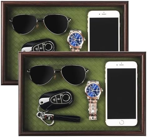 Wooden Valet Tray with Leather Base - Nightstand Catchall Organizer for Cologne, Perfume, Keys, Wallet, Phone, Watch, Jewelry & Sunglasses (2Pcs Green)