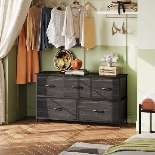 WLIVE Wide Dresser for Bedroom, 5 Drawer Chest of Drawers, Black Wood Grain