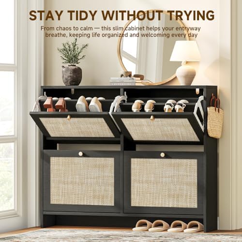 Nicetree Shoe Cabinet Storage for Entryway, 4-Flip Drawer Narrow Shoe Rack with Adjustable Shelves, Boho Modern Square Rattan Shoe Organizer, Slim Wood Storage Cabinets for Small Spaces Fits Size 13.5