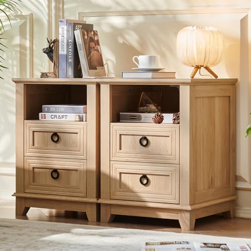Joaxswe 18" Farmhouse Night Stand Set 2 with Charger Station & 2 Drawers | Nightstand with Storage, Bedside Table w/ 4 Wooden Legs, End Table Bedroom, Bed Side Tables for Living Room (Natural)