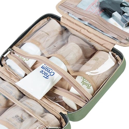 NISHEL Travel Toiletry Bag for women, Portable Hanging makeup Organizer | for Travel-Sized Shampoo, Conditioner, Brushes Set, makeup Accessories, Medium Size, Bronze Green