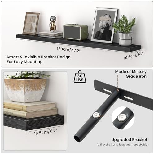 Heimlove 48 Inch Floating Shelves for Wall,Extra Long Wood Shelves Mounted Storage Hanging Shelf Invisible Bracket for Bedroom,Living Room,Kitchen,Office,Set of 2,Black